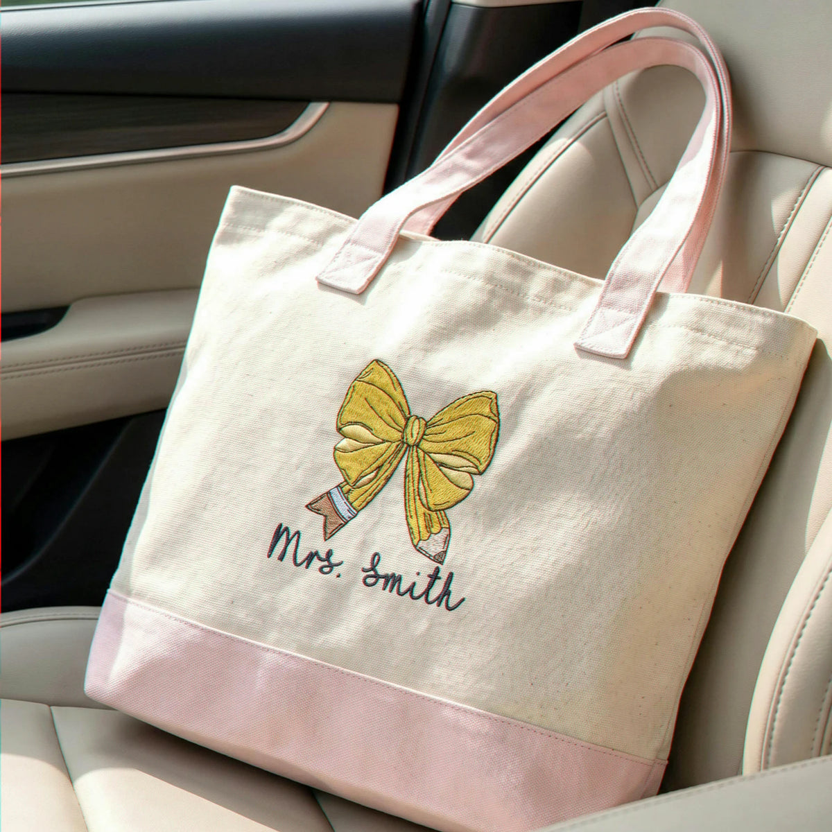Personalized Teacher Canvas Zippered Bag for Birthday Friend - Embroidered Canvas Tote with Name & Bow Pencil - Appreciation Gift