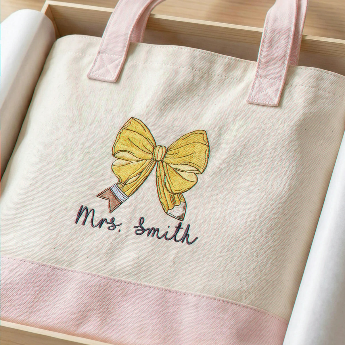 Personalized Teacher Canvas Zippered Bag for Birthday Friend - Embroidered Canvas Tote with Name & Bow Pencil - Appreciation Gift