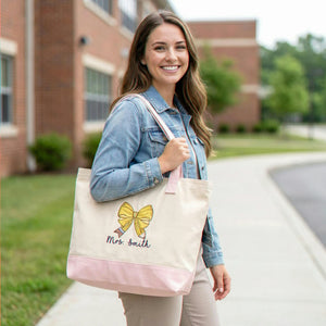 Personalized Teacher Canvas Zippered Bag for Birthday Friend - Embroidered Canvas Tote with Name & Bow Pencil - Appreciation Gift