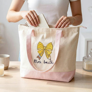 Personalized Teacher Canvas Zippered Bag for Birthday Friend - Embroidered Canvas Tote with Name & Bow Pencil - Appreciation Gift