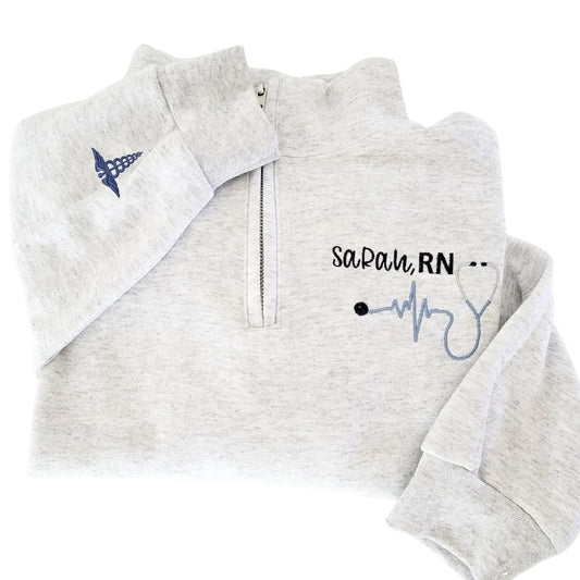 Custom Embroidered Title Nursing Quarter Zip Sweatshirt, Personalized Gift Nurse Week, Birthday or Christmas