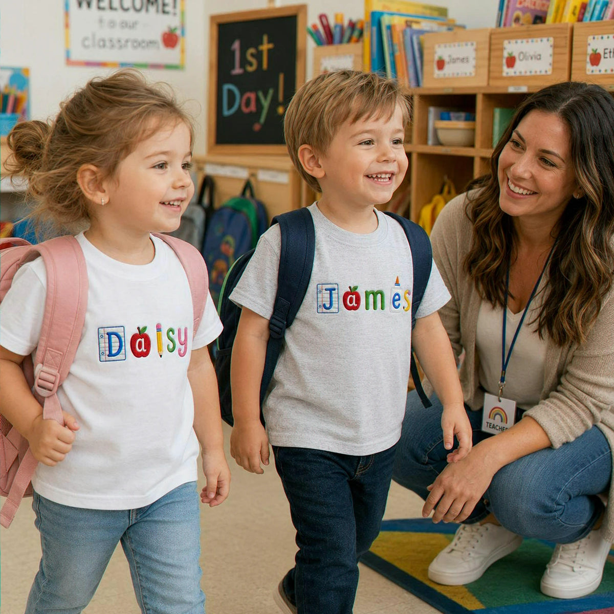 Personalized Back to School Toddler T-shirt - Embroidered Kids Name Tee with School Icon Lettering