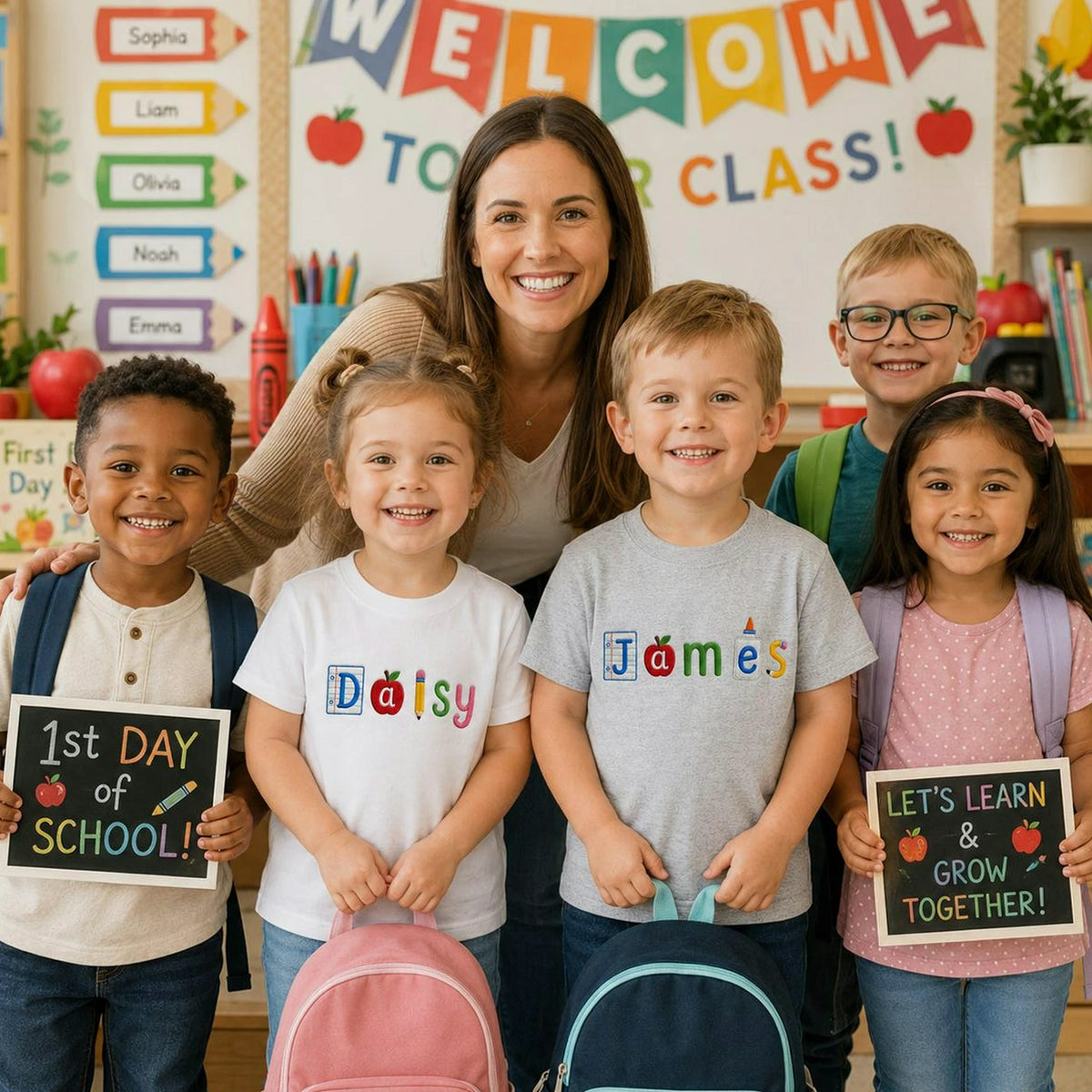 Personalized Back to School Toddler T-shirt - Embroidered Kids Name Tee with School Icon Lettering