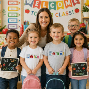 Personalized Back to School Toddler T-shirt - Embroidered Kids Name Tee with School Icon Lettering