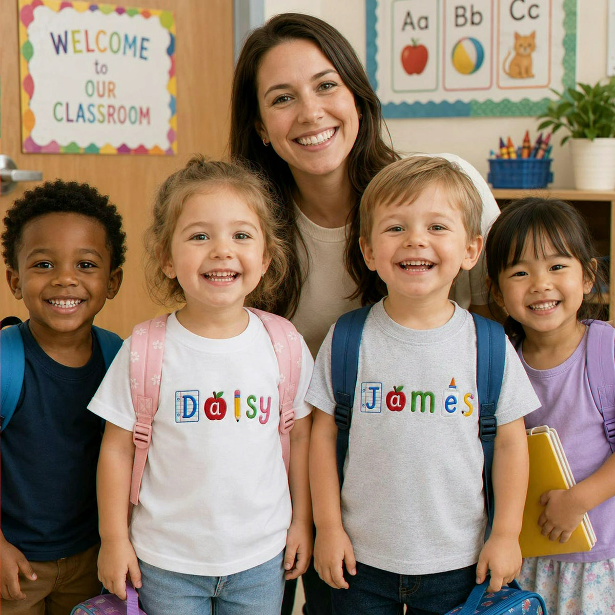 Personalized Back to School Toddler T-shirt - Embroidered Kids Name Tee with School Icon Lettering