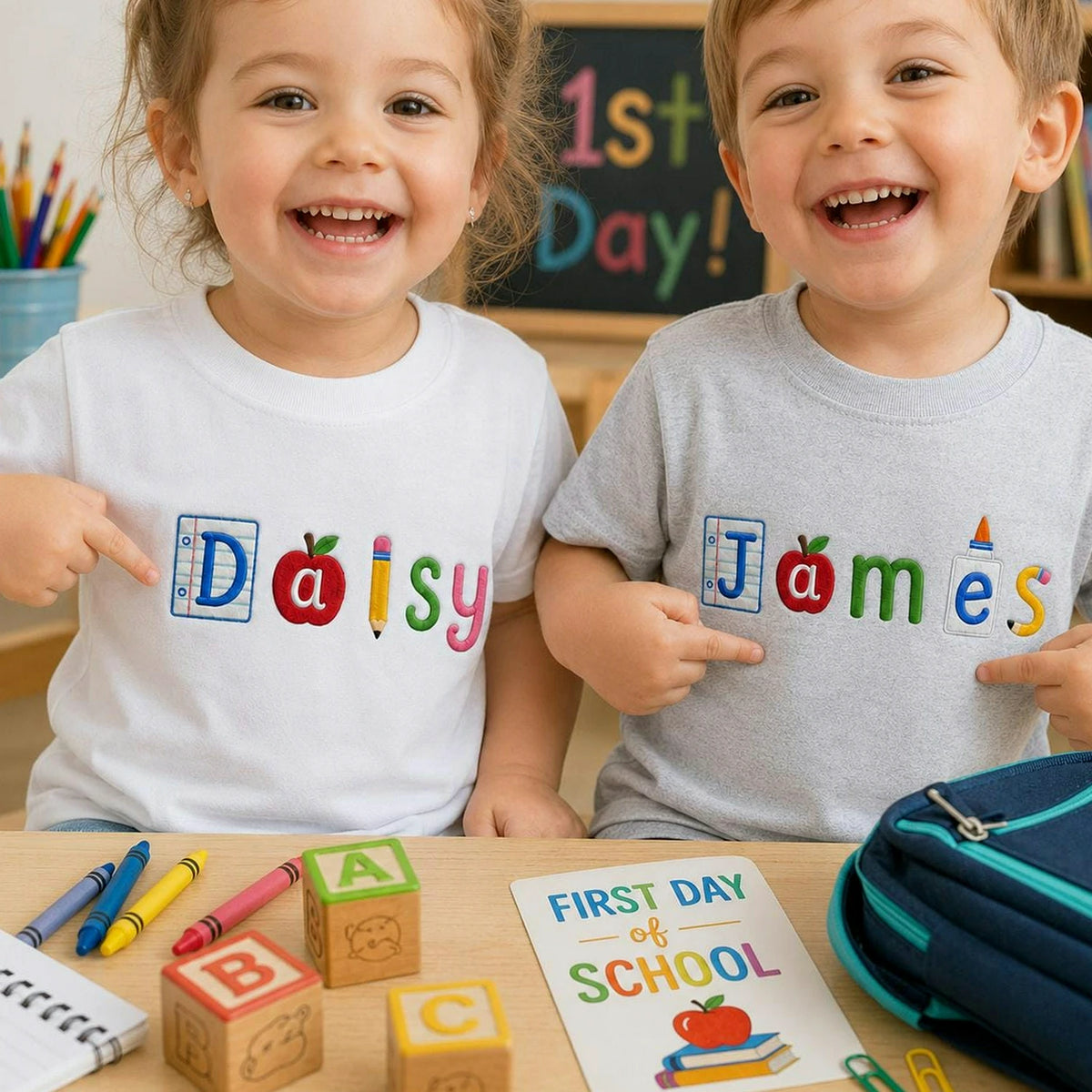 Personalized Back to School Toddler T-shirt - Embroidered Kids Name Tee with School Icon Lettering