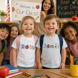 Personalized Back to School Toddler T-shirt - Embroidered Kids Name Tee with School Icon Lettering