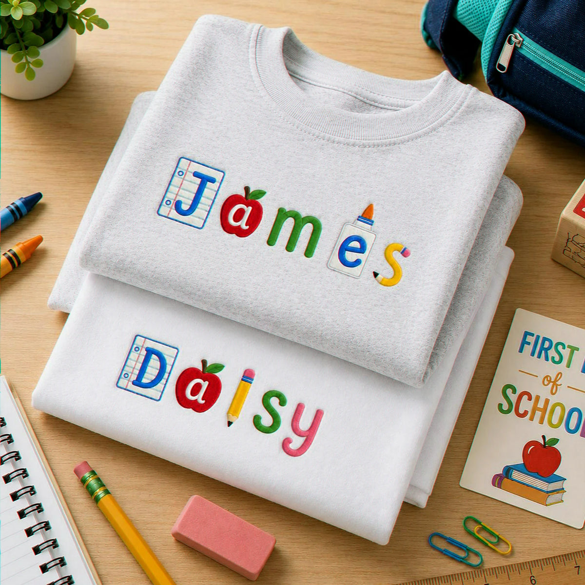 Personalized Back to School Toddler T-shirt - Embroidered Kids Name Tee with School Icon Lettering