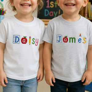 Personalized Back to School Toddler T-shirt - Embroidered Kids Name Tee with School Icon Lettering