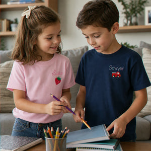Personalized First Day of School Toddler T-shirt, Embroidered Kids Name Tee & Monogrammed Icon, First School Day