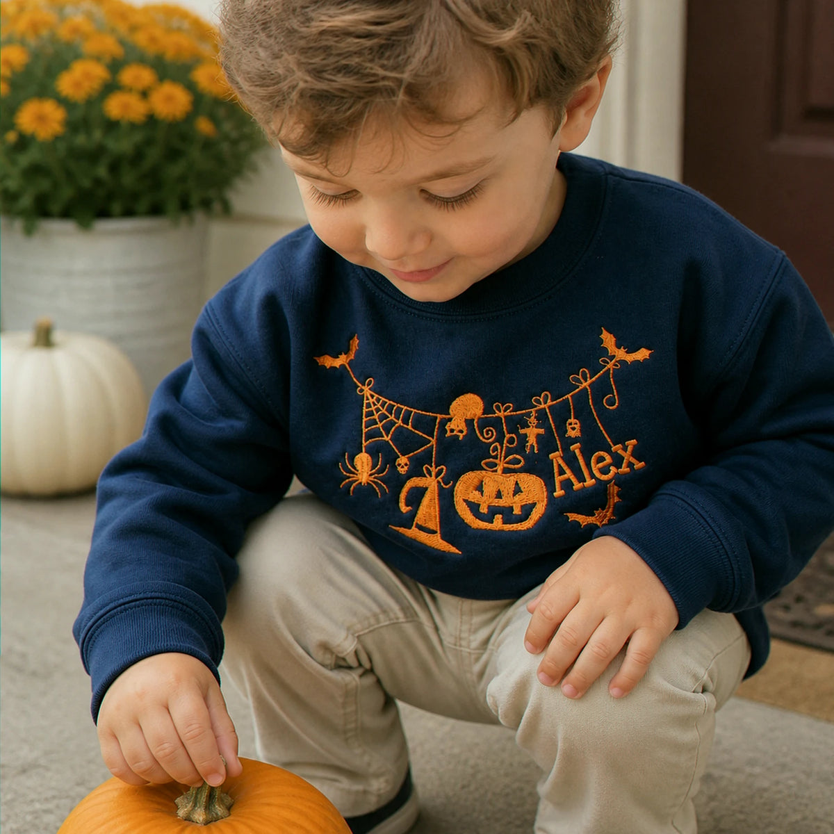 Personalized Toddler Halloween Sweatshirt from Mom - Embroidered Name with Spooky-cute Pumpkin Pullover