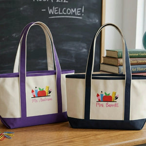 Personalized Back to School Kindergarten Teacher Tote Bag - Embroidered Name & Classroom Elements Canvas Bag - Appreciation Gift