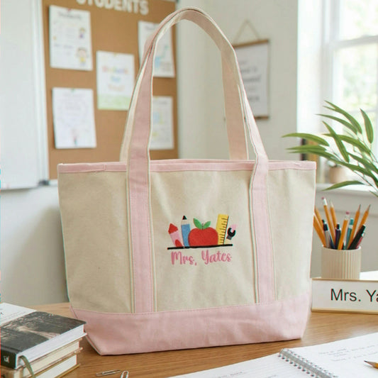 Personalized Back to School Kindergarten Teacher Tote Bag - Embroidered Name & Classroom Elements Canvas Bag - Appreciation Gift