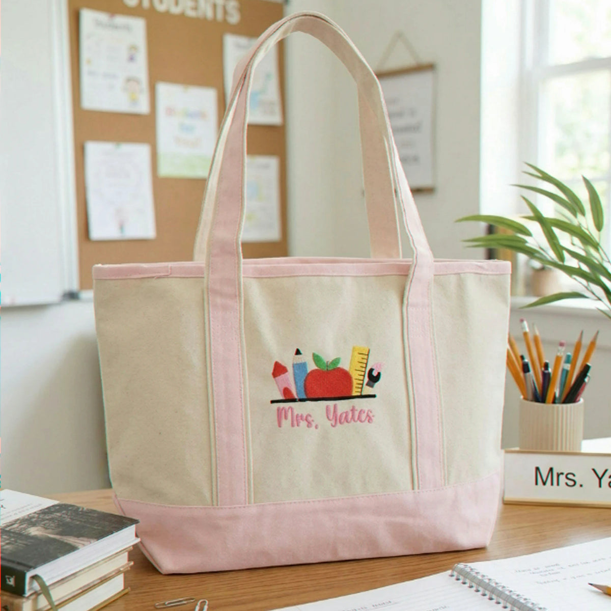 Personalized Back to School Kindergarten Teacher Tote Bag - Embroidered Name & Classroom Elements Canvas Bag - Appreciation Gift