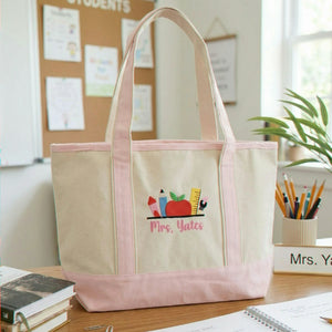 Personalized Back to School Kindergarten Teacher Tote Bag - Embroidered Name & Classroom Elements Canvas Bag - Appreciation Gift