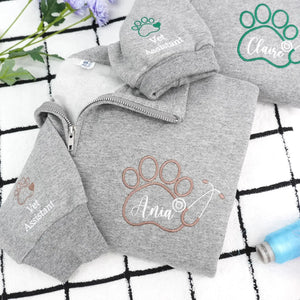 Personalized Paw Name Vet Tech Quarter Zip, Custom Veterinary Medicine Pullover, Staff Appreciation Week Gift