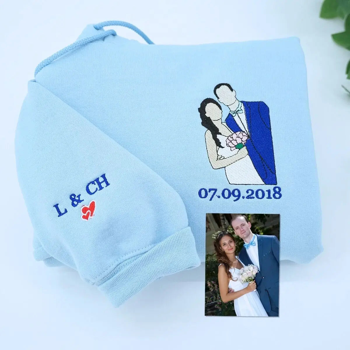 Custom couple sweatshirt with embroidered photo as a unique wedding shower gift
