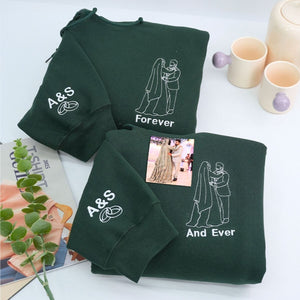 Custom embroidered couple sweatshirt hoodie with photo and wedding date on sleeve – personalized gift for wedding or engagement