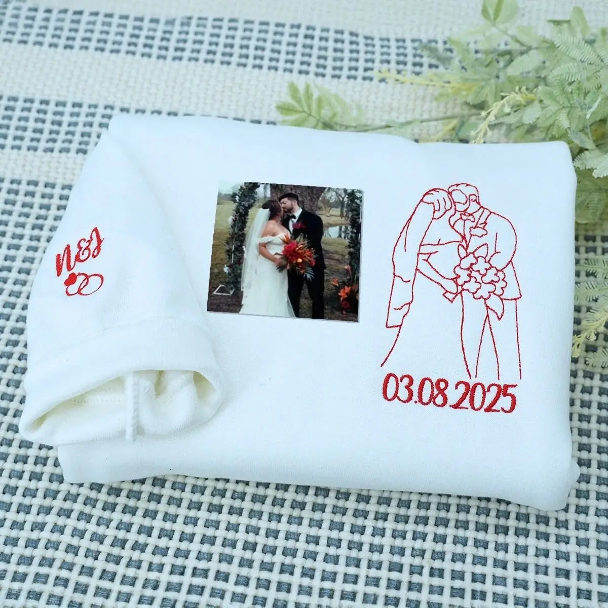 Custom couple sweatshirt with embroidered photo as a unique wedding shower gift