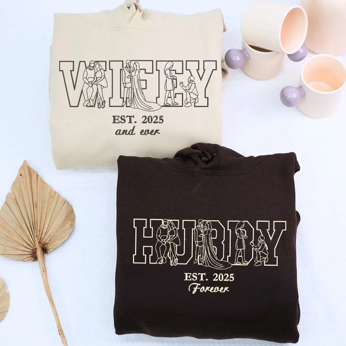 Custom embroidered wedding sweatshirt with couple’s portrait, ideal gift for engagement or bridal party