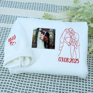 Custom couple sweatshirt with embroidered photo as a unique wedding shower gift