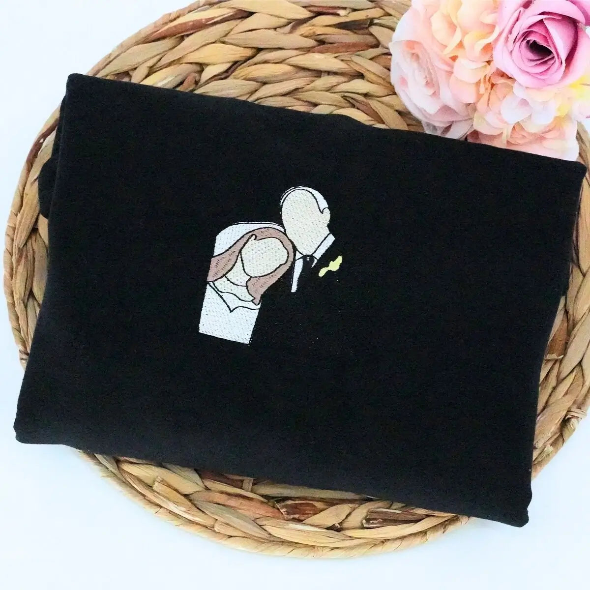 Custom couple sweatshirt with embroidered photo as a unique wedding shower gift