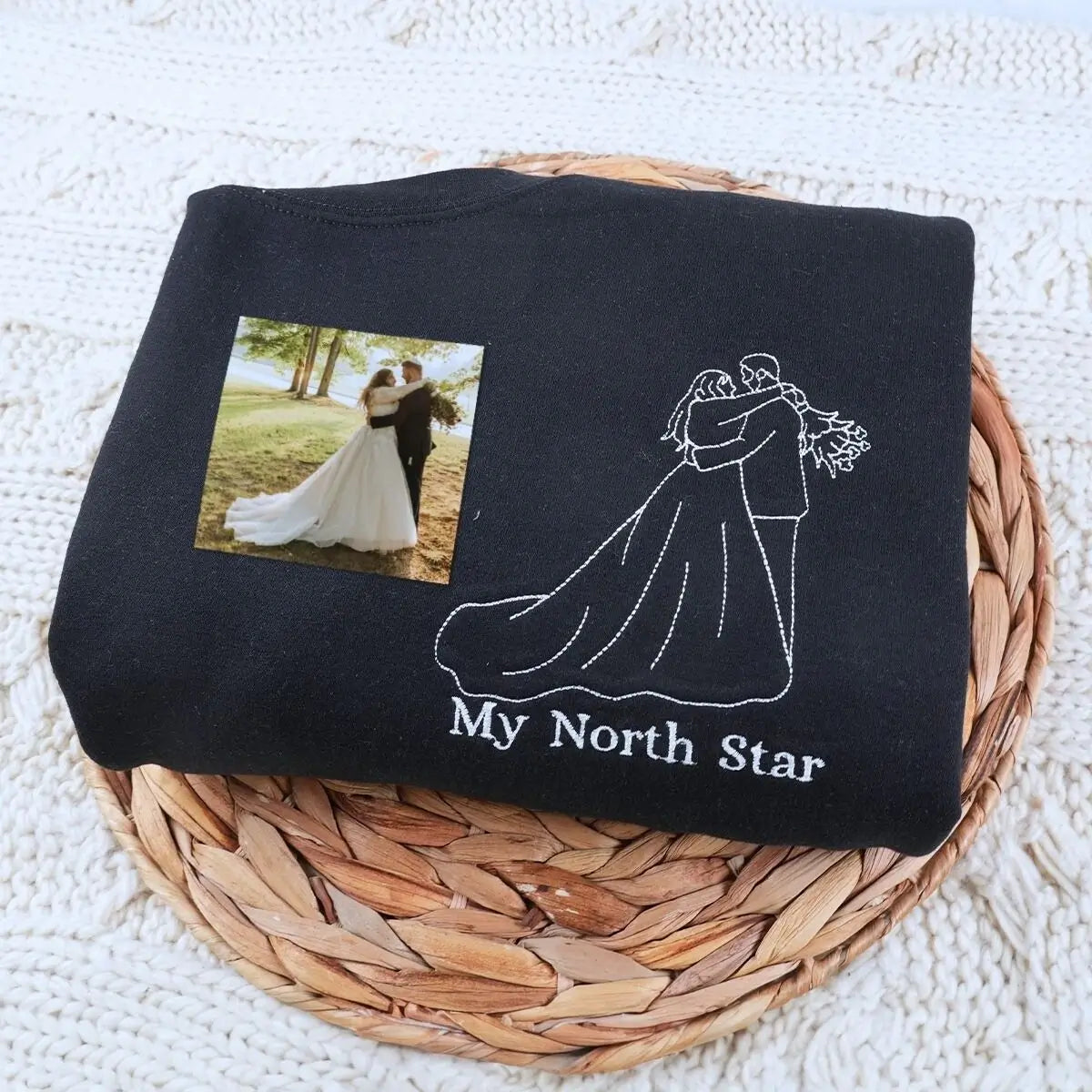 Custom couple sweatshirt with embroidered photo as a unique wedding shower gift