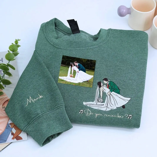Custom couple sweatshirt with embroidered photo as a unique wedding shower gift