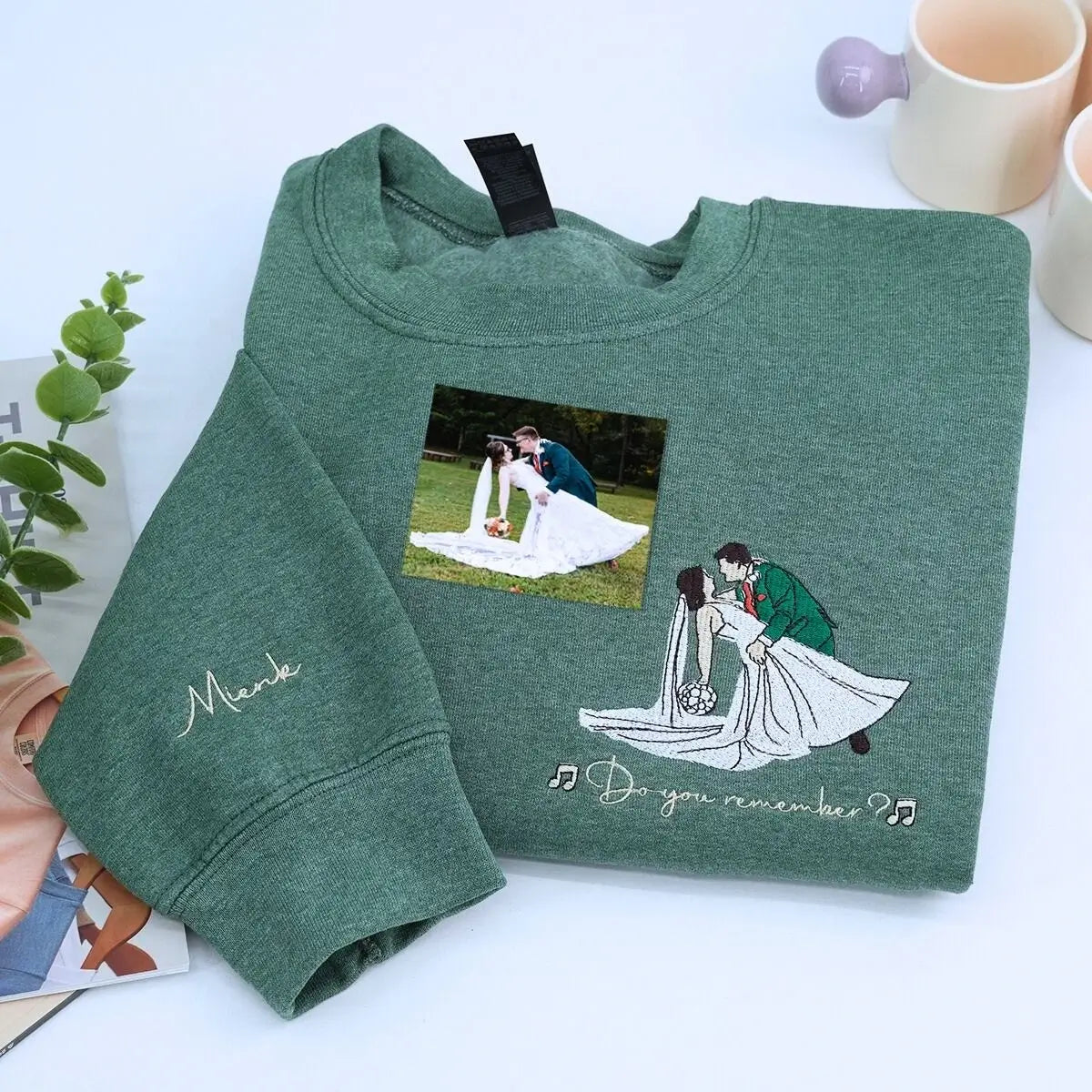 Custom couple sweatshirt with embroidered photo as a unique wedding shower gift