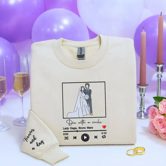 Custom couple sweatshirt with embroidered photo as a unique wedding shower gift