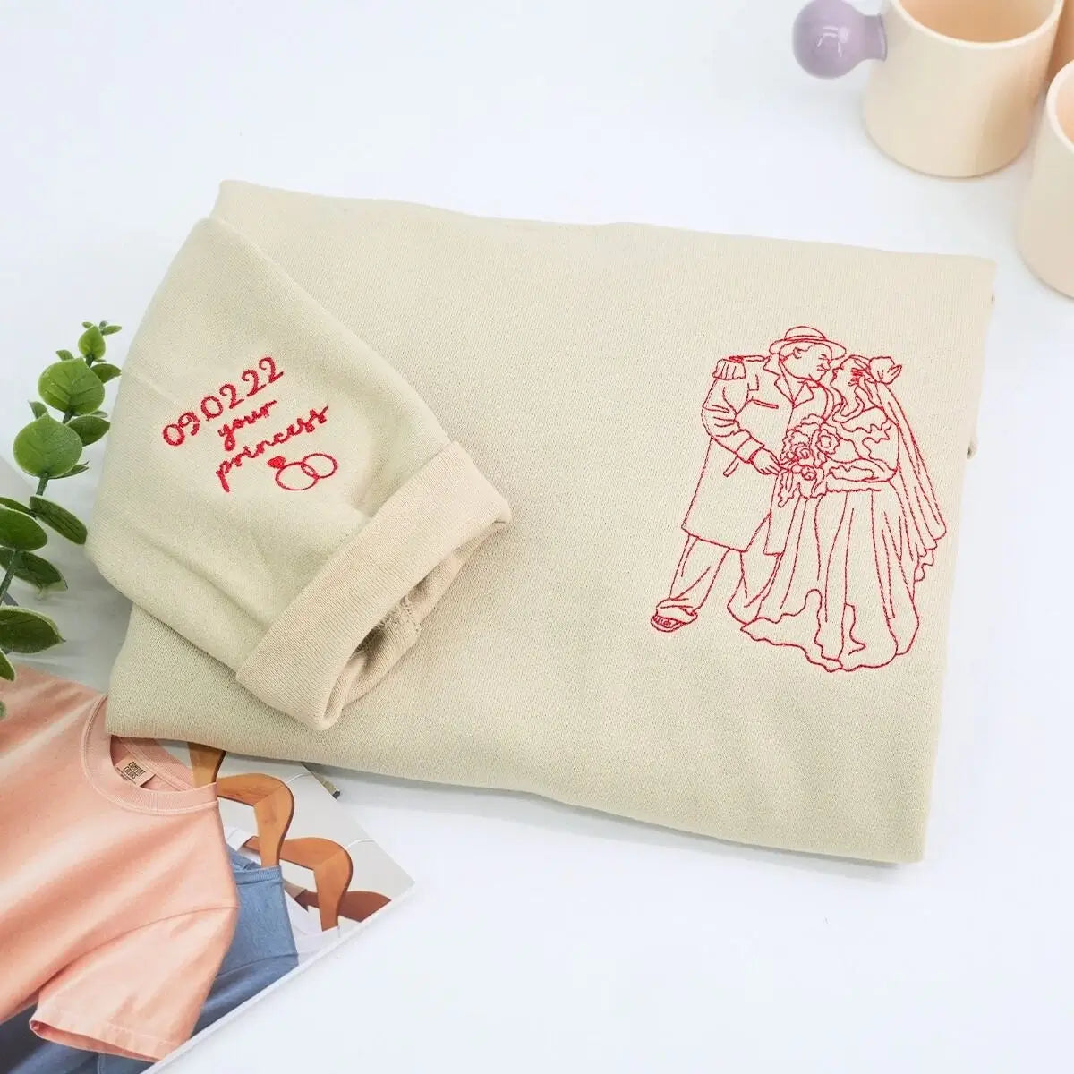 Custom couple sweatshirt with embroidered photo as a unique wedding shower gift