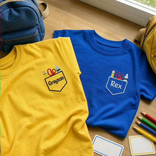 Personalized Back to School Youth T-shirt - Embroidered Kids Name Tee with School Supplies Pocket Icon