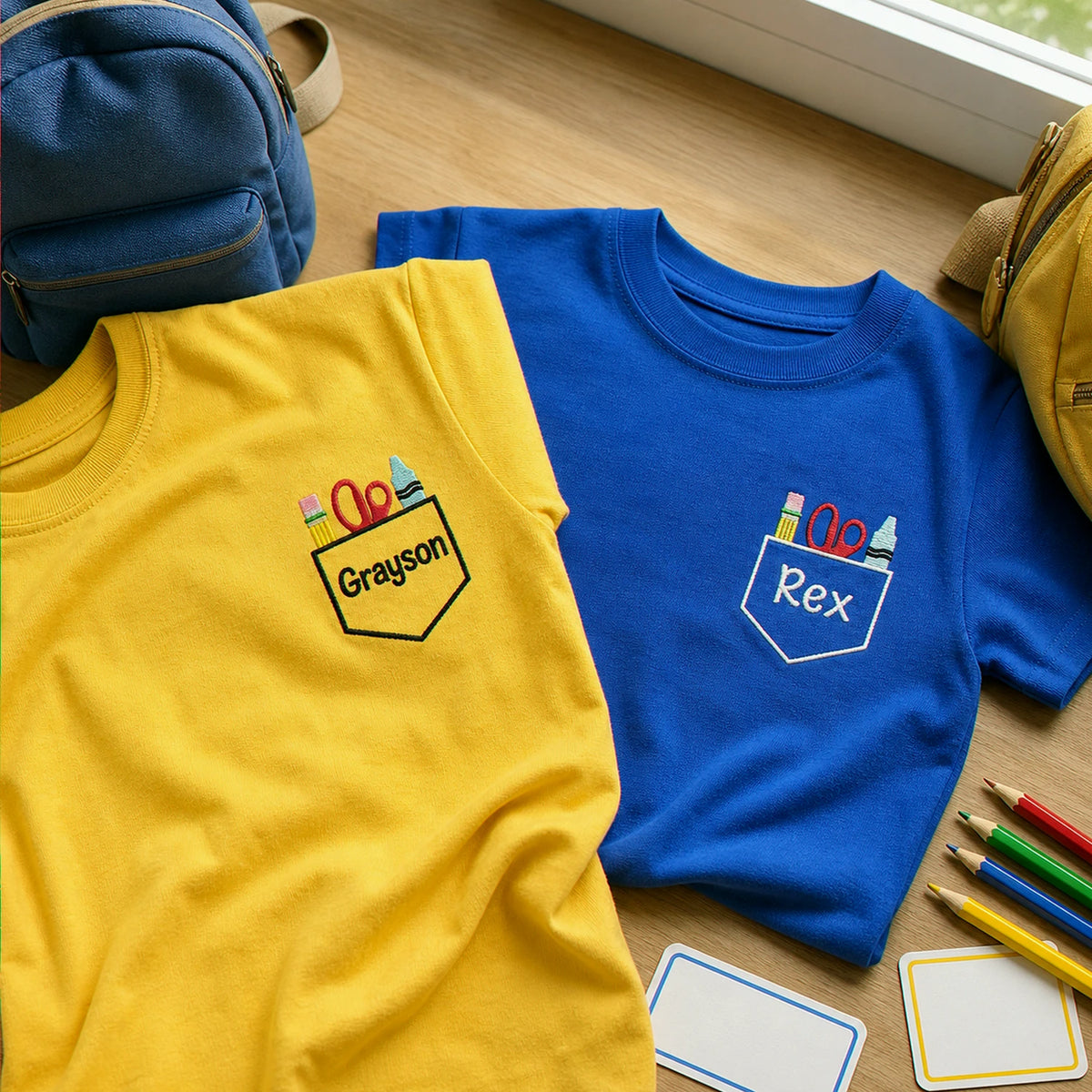Personalized Back to School Youth T-shirt - Embroidered Kids Name Tee with School Supplies Pocket Icon