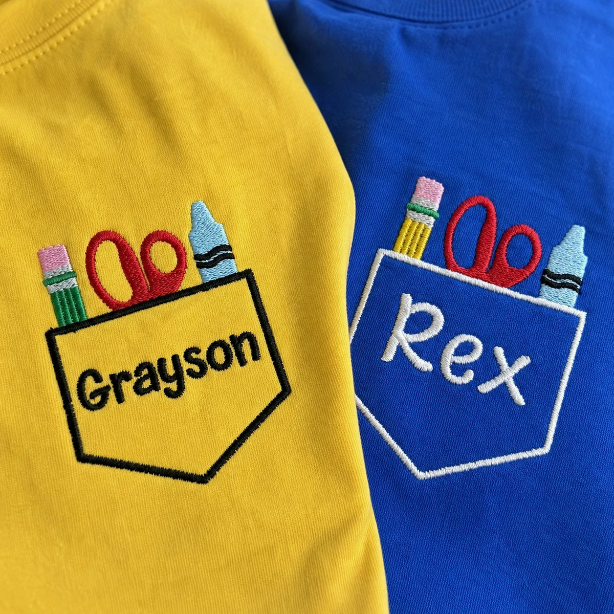 Personalized Back to School Youth T-shirt - Embroidered Kids Name Tee with School Supplies Pocket Icon