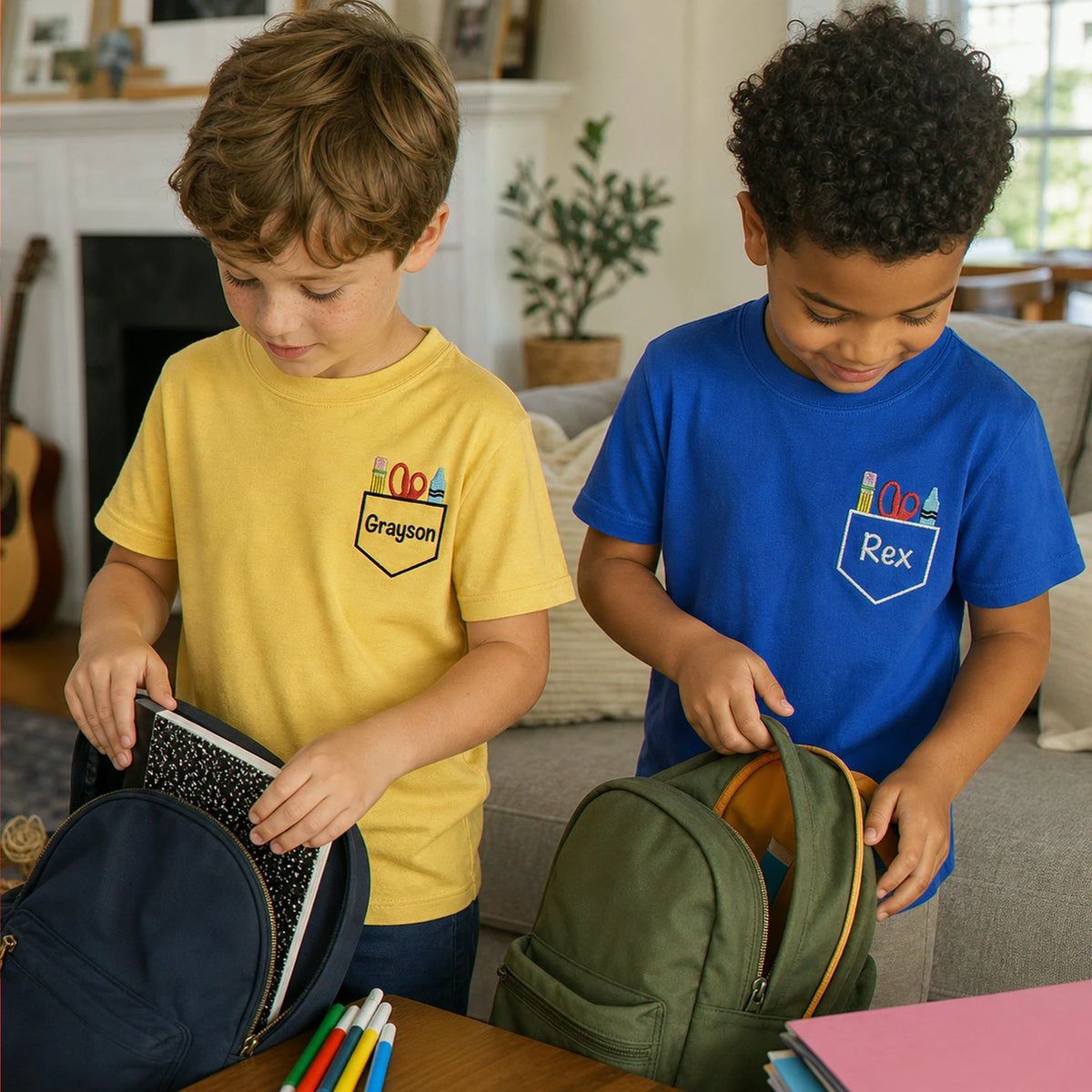 Personalized Back to School Youth T-shirt - Embroidered Kids Name Tee with School Supplies Pocket Icon