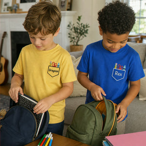 Personalized Back to School Youth T-shirt - Embroidered Kids Name Tee with School Supplies Pocket Icon