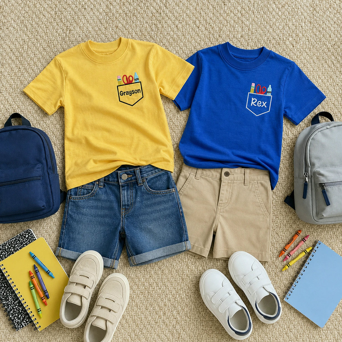 Personalized Back to School Youth T-shirt - Embroidered Kids Name Tee with School Supplies Pocket Icon