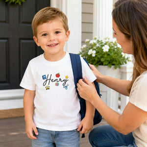 Personalized First Day of School Youth T-Shirt - Embroidered Kids Name Tee & School Elements , First School Day