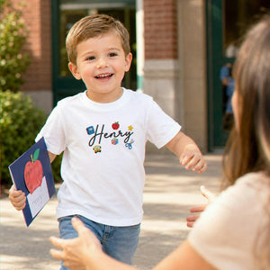 Personalized First Day of School Youth T-Shirt - Embroidered Kids Name Tee & School Elements , First School Day