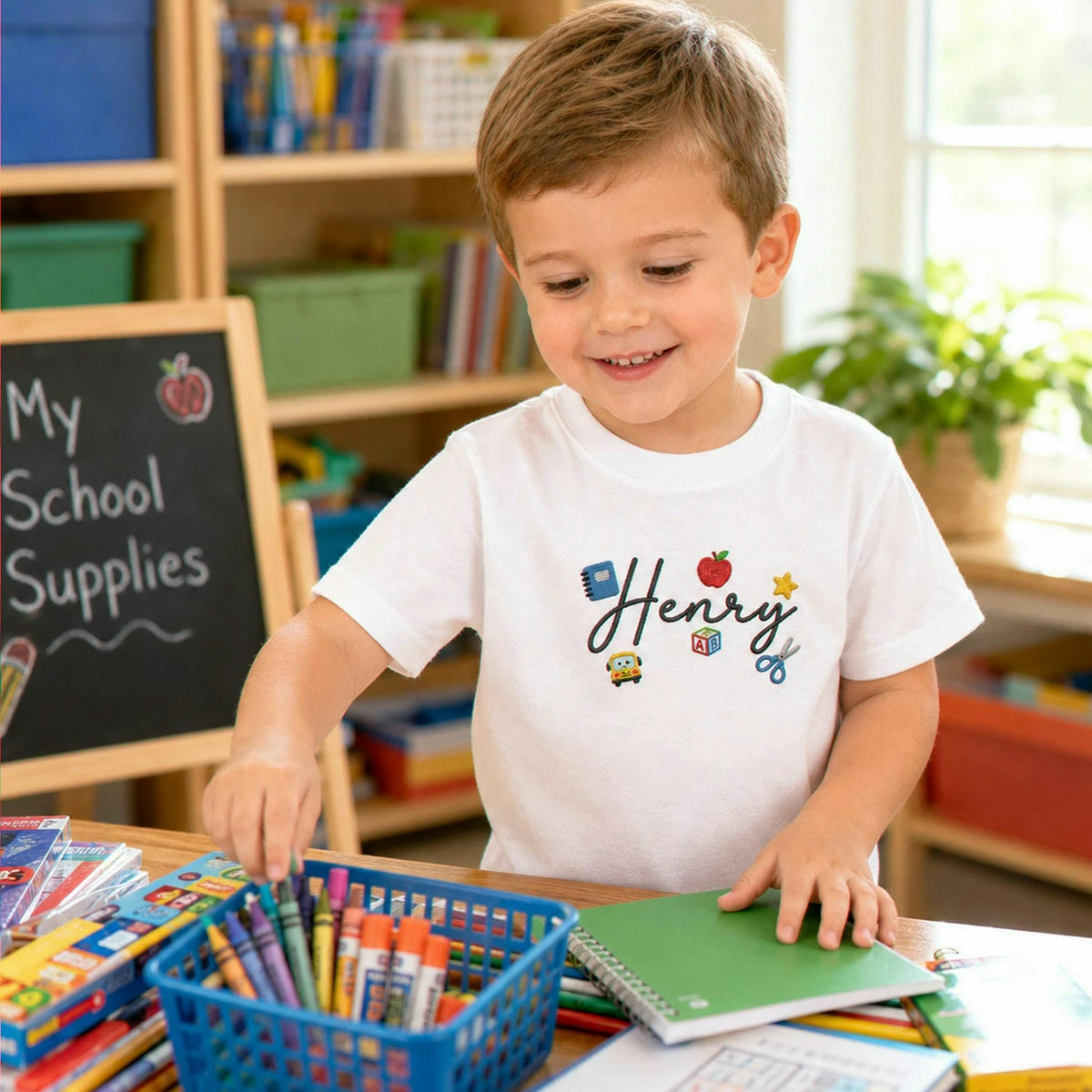 Personalized First Day of School Youth T-Shirt - Embroidered Kids Name Tee & School Elements , First School Day
