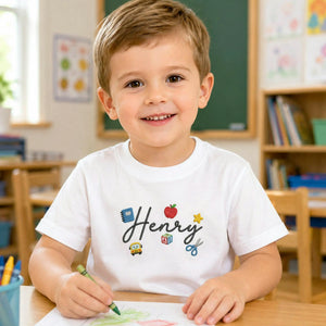 Personalized First Day of School Youth T-Shirt - Embroidered Kids Name Tee & School Elements , First School Day