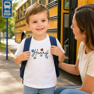 Personalized First Day of School Youth T-Shirt - Embroidered Kids Name Tee & School Elements , First School Day