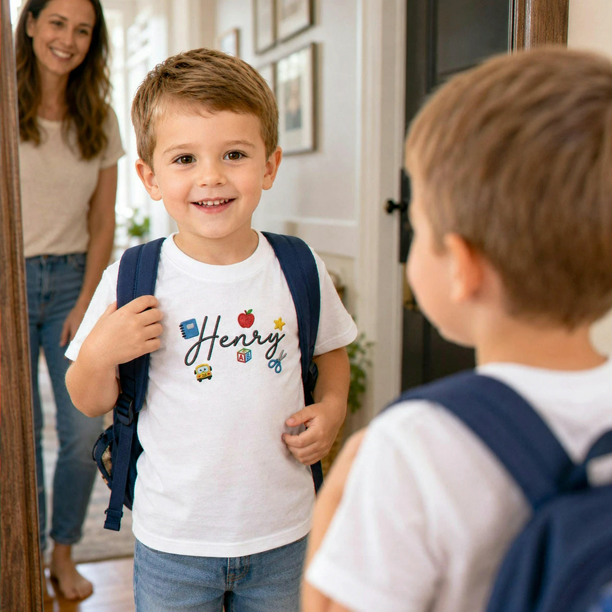 Personalized First Day of School Youth T-Shirt - Embroidered Kids Name Tee & School Elements , First School Day
