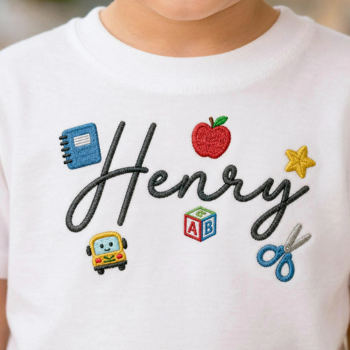 Personalized First Day of School Youth T-Shirt - Embroidered Kids Name Tee & School Elements , First School Day