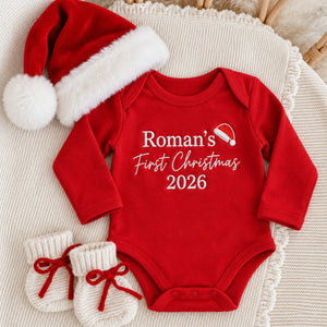 Personalized First Christmas Baby Bodysuit - Embroidered Name with Santa Hat One-Piece, Baby First Xmas Gift