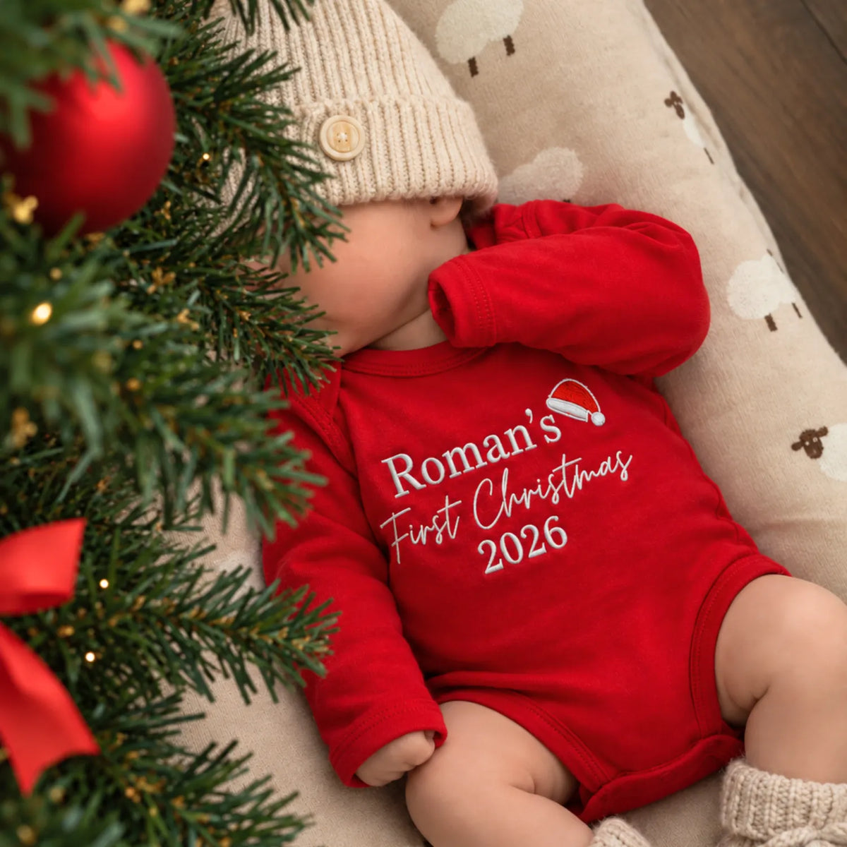 Personalized First Christmas Baby Bodysuit - Embroidered Name with Santa Hat One-Piece, Baby First Xmas Gift