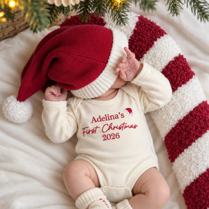 Personalized First Christmas Baby Bodysuit - Embroidered Name with Santa Hat One-Piece, Baby First Xmas Gift