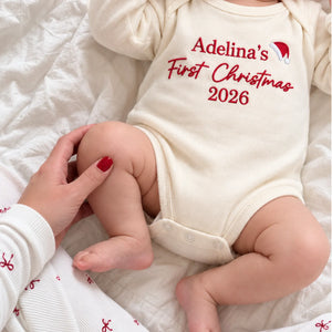 Personalized First Christmas Baby Bodysuit - Embroidered Name with Santa Hat One-Piece, Baby First Xmas Gift