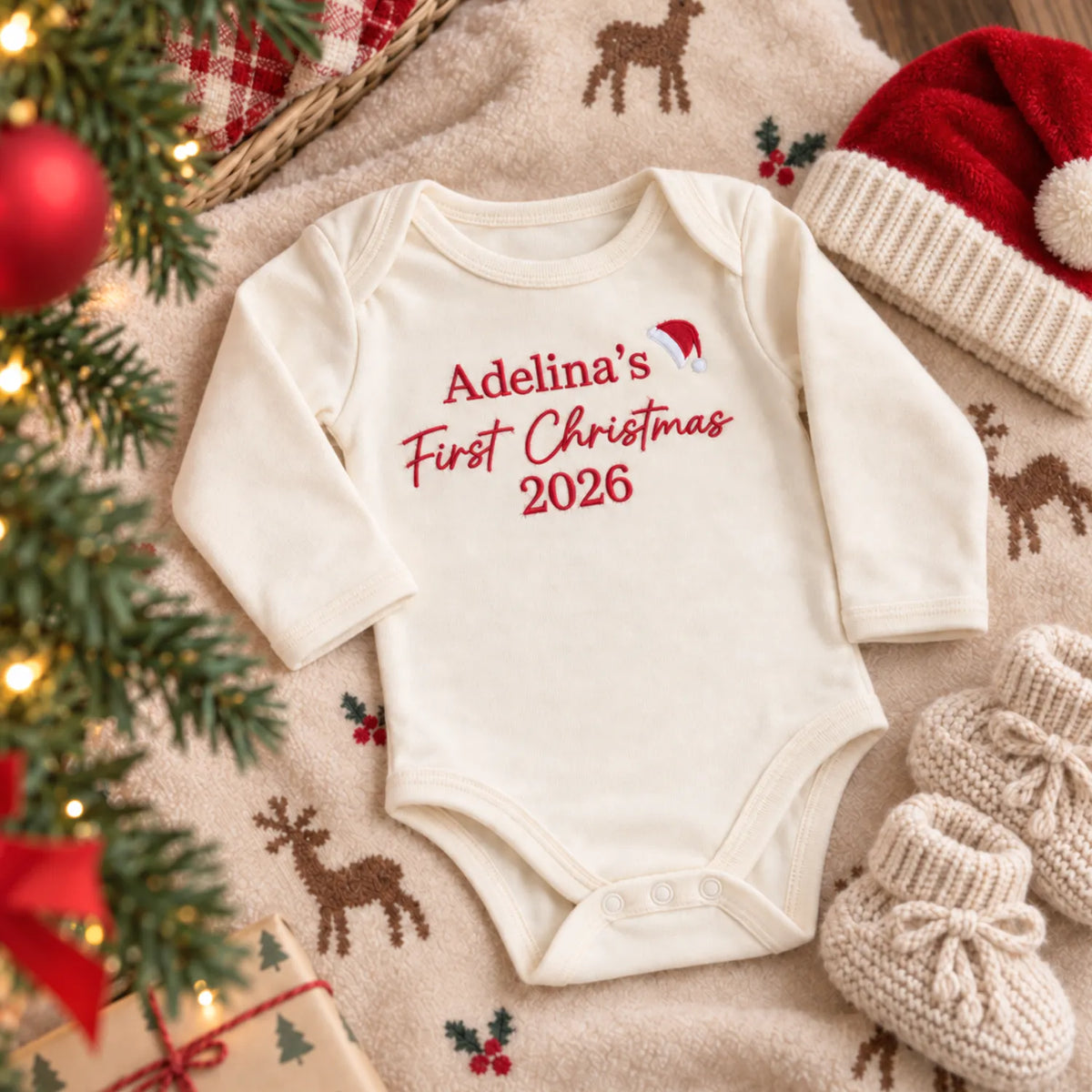 Personalized First Christmas Baby Bodysuit - Embroidered Name with Santa Hat One-Piece, Baby First Xmas Gift