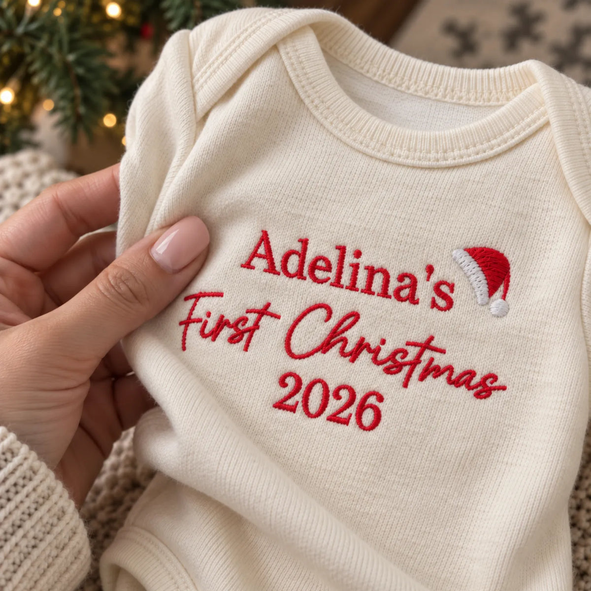 Personalized First Christmas Baby Bodysuit - Embroidered Name with Santa Hat One-Piece, Baby First Xmas Gift